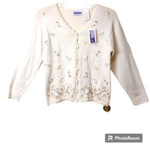 Vintage Erika Ivory Cotton/Ramie Embellished Cardigan Crochet Trim Beads PM